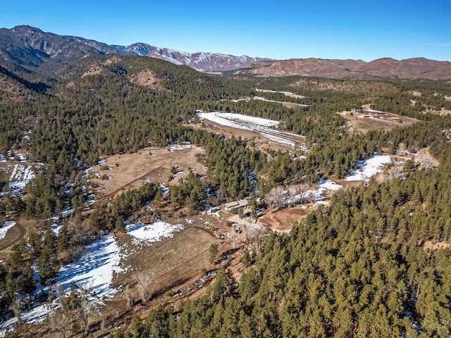 birds eye view of property with a mountain view and a forest view