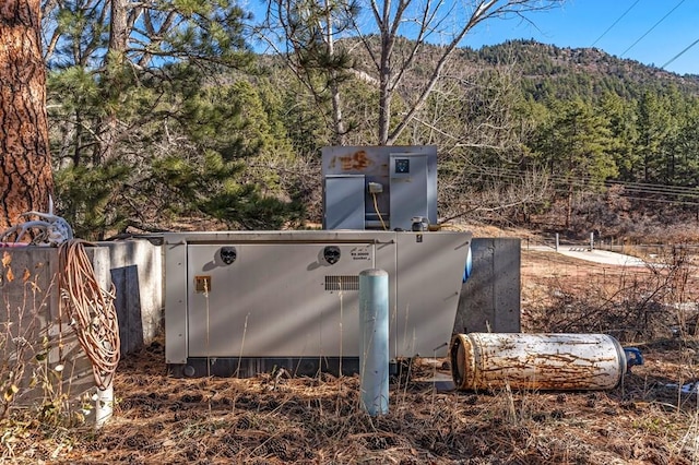 details with a wooded view and a mountain view