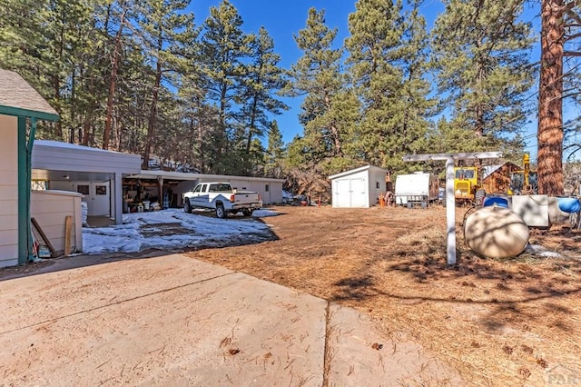 view of yard featuring an outbuilding, driveway, and a storage shed