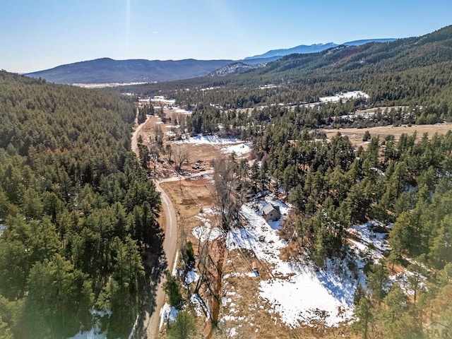 birds eye view of property featuring a wooded view and a mountain view