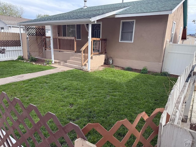 1326 E River St, Pueblo, CO 81001 - view of front of property with a shingled roof, stucco siding, fence private yard, and a front yard