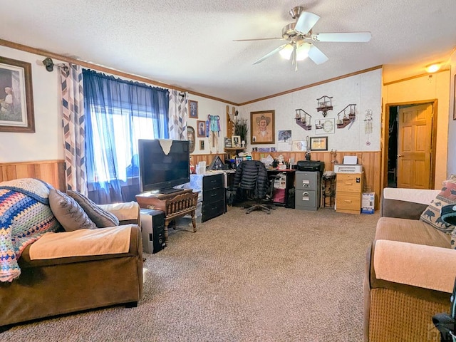 office space with ornamental molding, carpet flooring, a wainscoted wall, and a textured ceiling