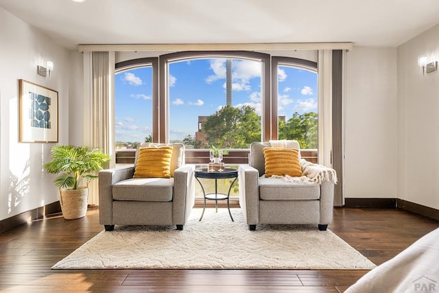 sitting room featuring baseboards and dark wood-style flooring