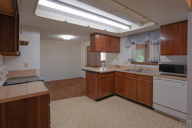 kitchen featuring dishwasher, stainless steel microwave, stove, light countertops, and a sink