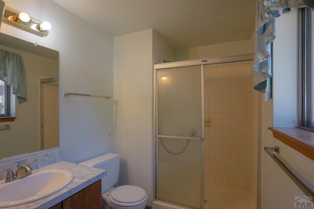 bathroom with vanity, a shower stall, and toilet