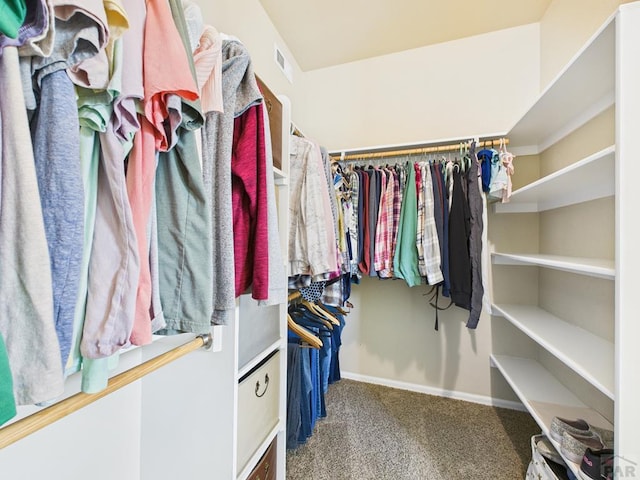 spacious closet featuring visible vents and carpet floors