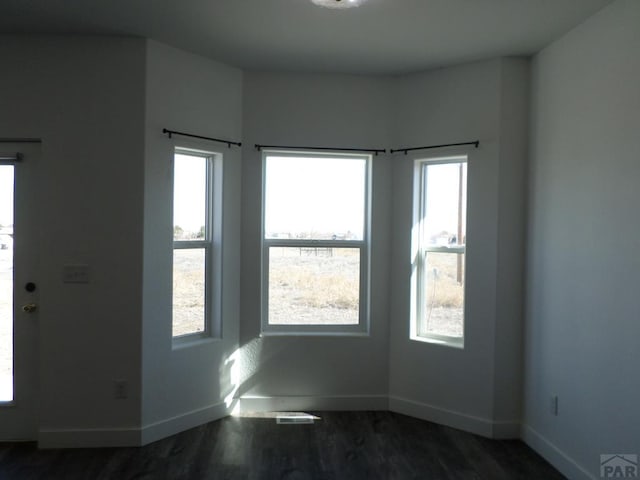 spare room with dark wood-type flooring, a healthy amount of sunlight, and baseboards