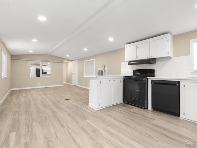 353 E Byrd Dr, Pueblo West, CO 81007 - kitchen with black appliances, under cabinet range hood, a peninsula, light countertops, and light wood-style flooring