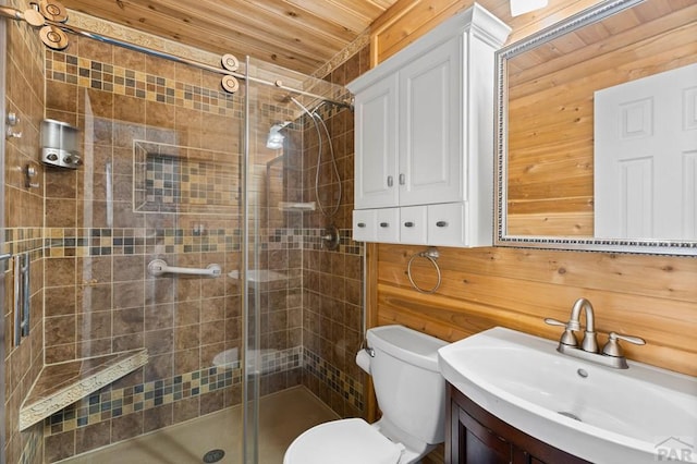 853 S Blakeland Dr, Pueblo West, CO 81007 - bathroom with a stall shower, vanity, wooden walls, and wooden ceiling