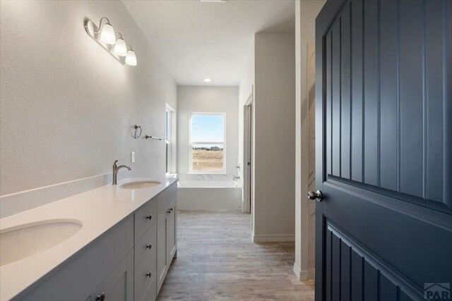 full bath featuring wood finished floors, a garden tub, a sink, and double vanity