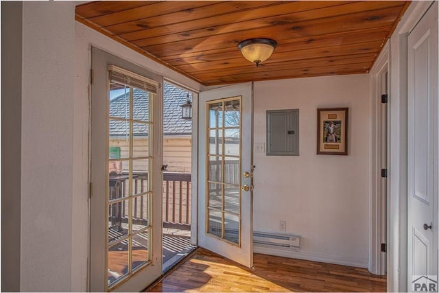 901 E C St, Pueblo, CO 81003 - doorway featuring french doors, electric panel, wooden ceiling, and light wood finished floors