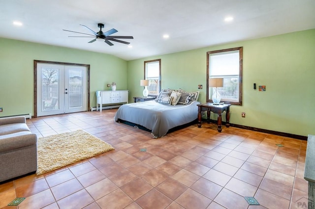 bedroom with recessed lighting, tile patterned floors, a ceiling fan, baseboards, and access to outside