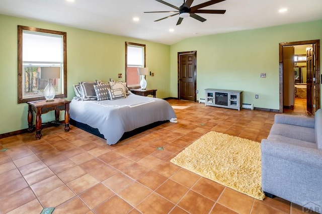 bedroom featuring light tile patterned flooring, baseboards, recessed lighting, baseboard heating, and a ceiling fan