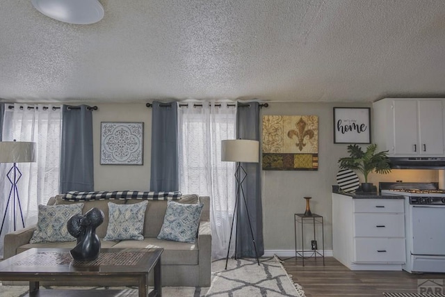 living room featuring a textured ceiling, dark wood-type flooring, and baseboards