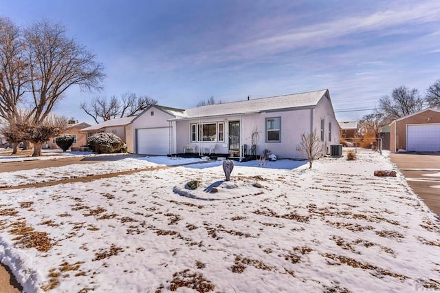 ranch-style home with central AC unit and stucco siding