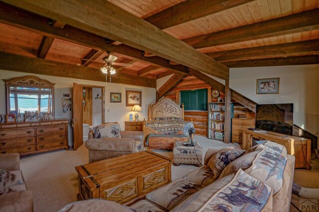 living room featuring carpet, wood ceiling, and lofted ceiling with beams