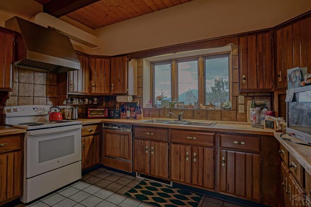 kitchen with extractor fan, electric range, a sink, light countertops, and paneled dishwasher