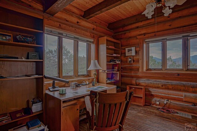 office with beam ceiling, wooden ceiling, and rustic walls