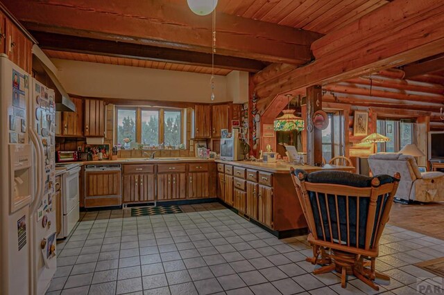 kitchen with a peninsula, white appliances, wood ceiling, and light countertops