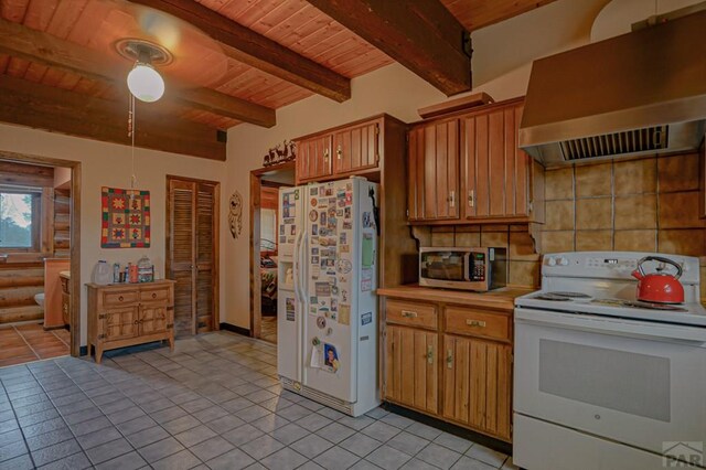 kitchen featuring range hood, light countertops, wood ceiling, white appliances, and beamed ceiling