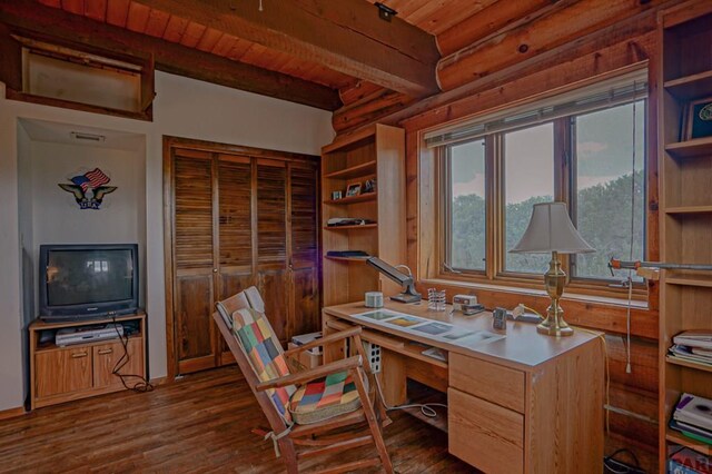 office with wooden ceiling, beam ceiling, and dark wood-type flooring