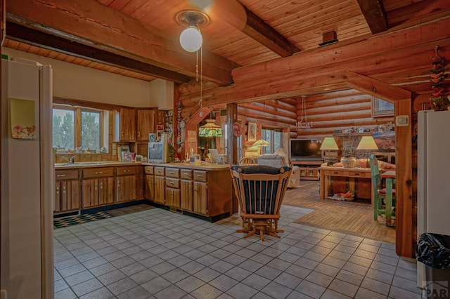 kitchen featuring open floor plan, light countertops, wooden ceiling, and a peninsula