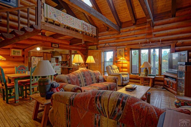 living area featuring high vaulted ceiling, wood finished floors, wood ceiling, beamed ceiling, and rustic walls