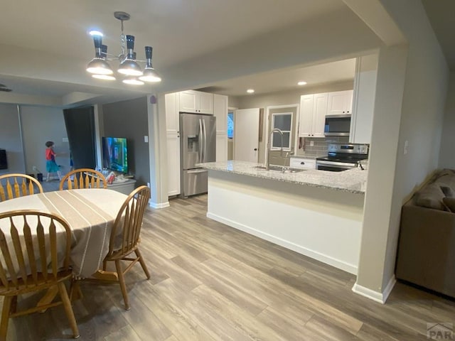 kitchen with a sink, white cabinets, stainless steel appliances, and a peninsula