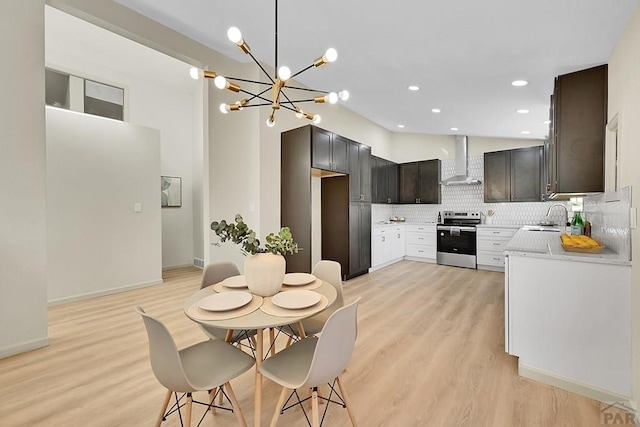 kitchen with tasteful backsplash, a sink, stainless steel range with electric cooktop, light wood finished floors, and wall chimney range hood