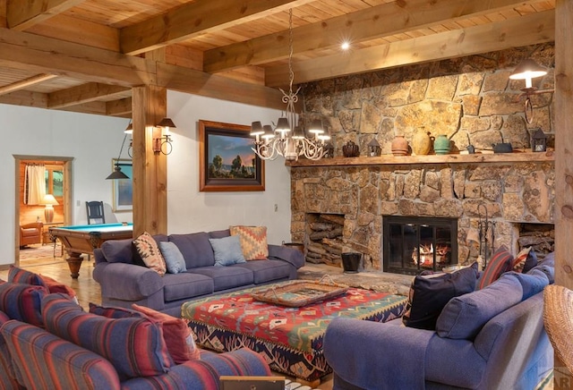 living room with beam ceiling, a fireplace, pool table, wood ceiling, and wood finished floors