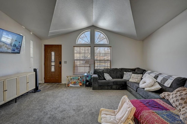 carpeted living room with vaulted ceiling, a textured ceiling, and baseboards