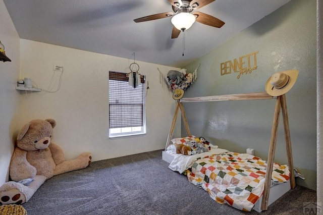 bedroom featuring ceiling fan and carpet floors