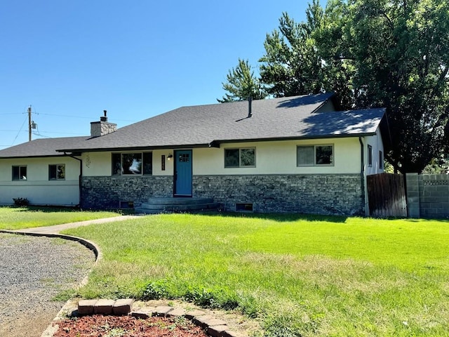 single story home with stone siding, a chimney, a front lawn, and stucco siding