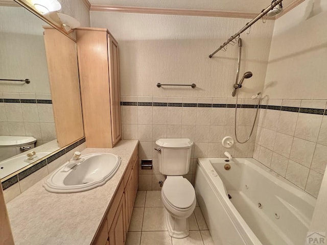 bathroom featuring tile patterned flooring, toilet, vanity, tile walls, and a combined bath / shower with jetted tub