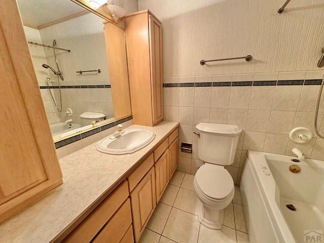 full bathroom featuring vanity, shower / bathing tub combination, tile patterned flooring, and toilet