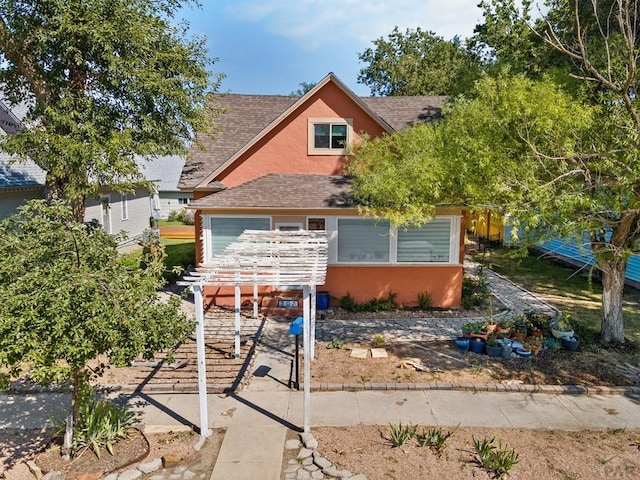 rear view of house featuring a shingled roof and stucco siding