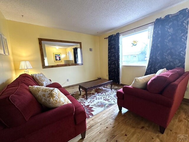 living room with a textured ceiling and wood finished floors