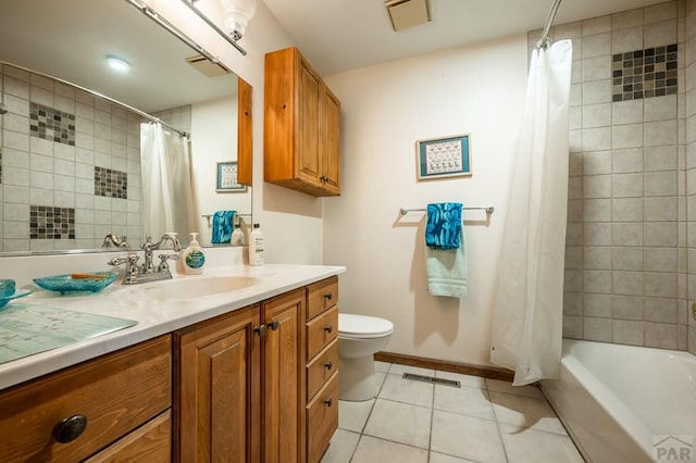 full bathroom featuring visible vents, toilet, shower / tub combo, vanity, and tile patterned floors