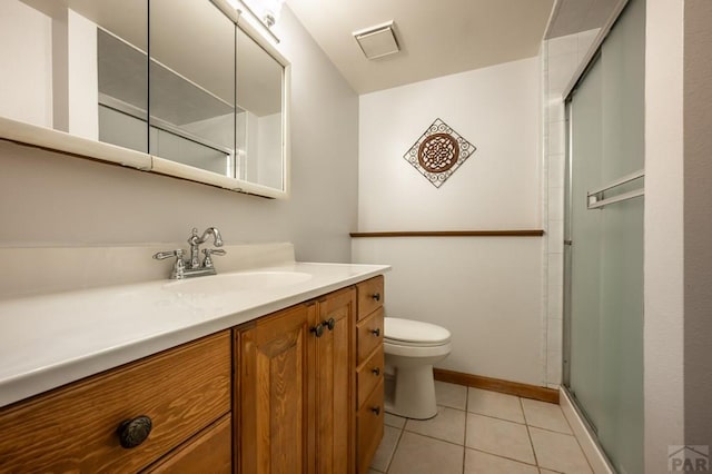 bathroom featuring toilet, visible vents, vanity, a shower stall, and tile patterned floors