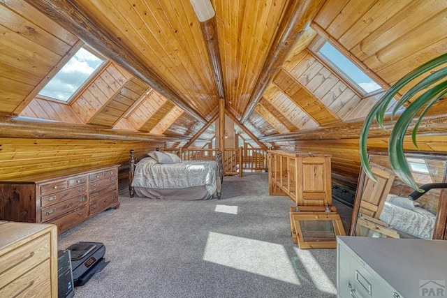 bedroom featuring light carpet, wooden ceiling, and vaulted ceiling with skylight