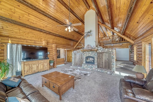 living room with ceiling fan, high vaulted ceiling, light carpet, a fireplace, and wood ceiling