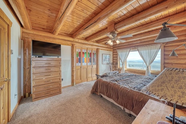 carpeted bedroom featuring wooden ceiling, baseboards, log walls, and beam ceiling