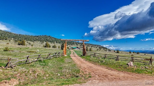 exterior space featuring a rural view, driveway, a gated entry, and a mountain view