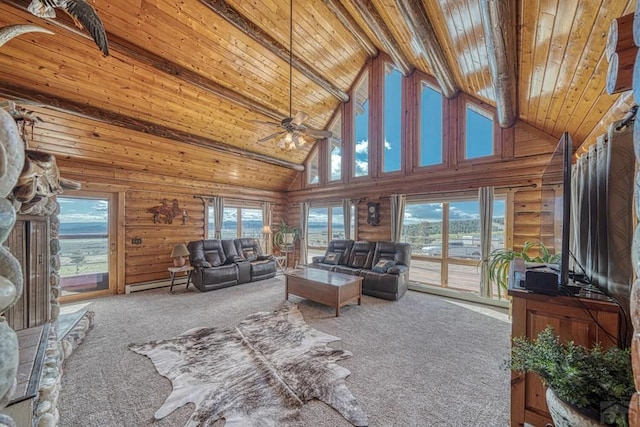 living area with ceiling fan, log walls, carpet, and wood ceiling