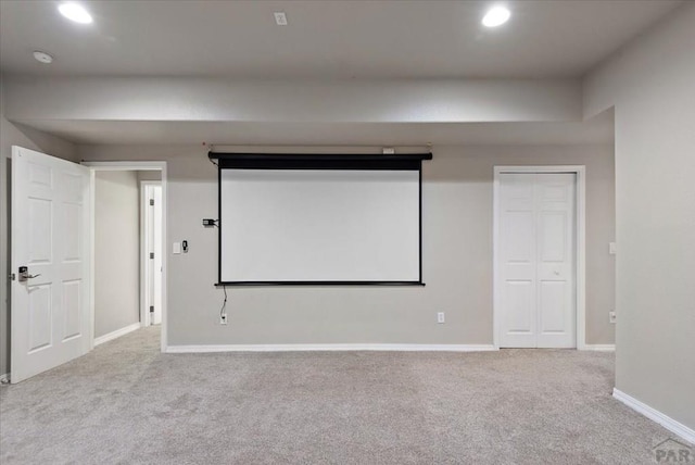 cinema with carpet flooring, recessed lighting, and baseboards