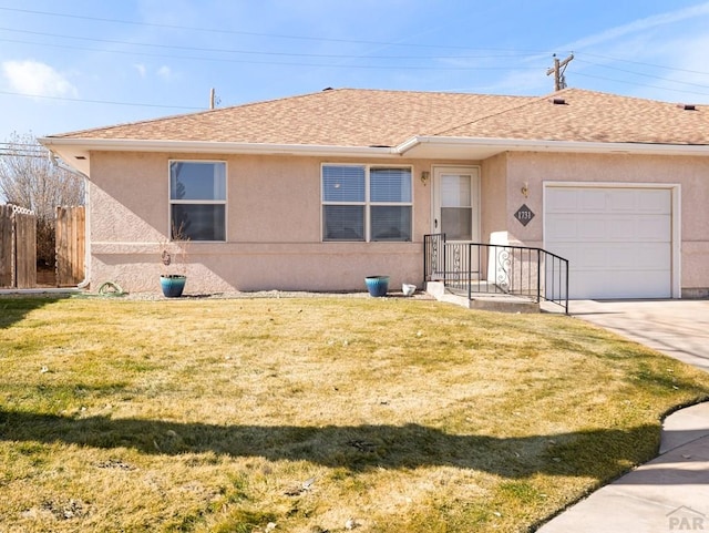 single story home with a garage, a shingled roof, driveway, stucco siding, and a front lawn