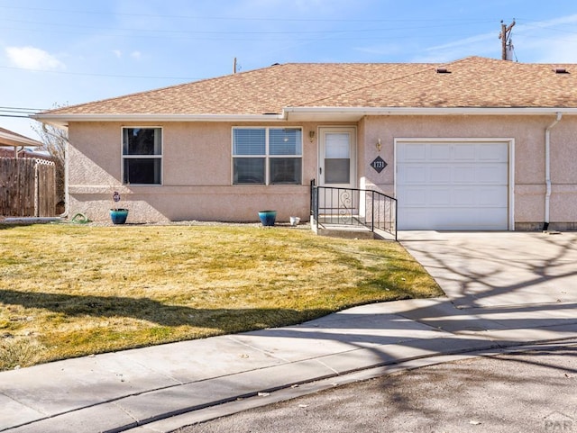 single story home with driveway, roof with shingles, an attached garage, a front lawn, and stucco siding