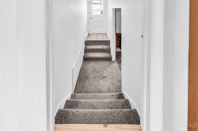 staircase featuring baseboards and carpet