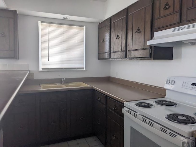 kitchen with a sink, under cabinet range hood, dark brown cabinets, and white electric range oven