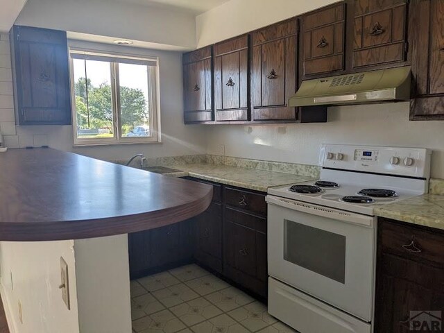 kitchen featuring white electric range oven, light countertops, dark brown cabinets, under cabinet range hood, and a sink